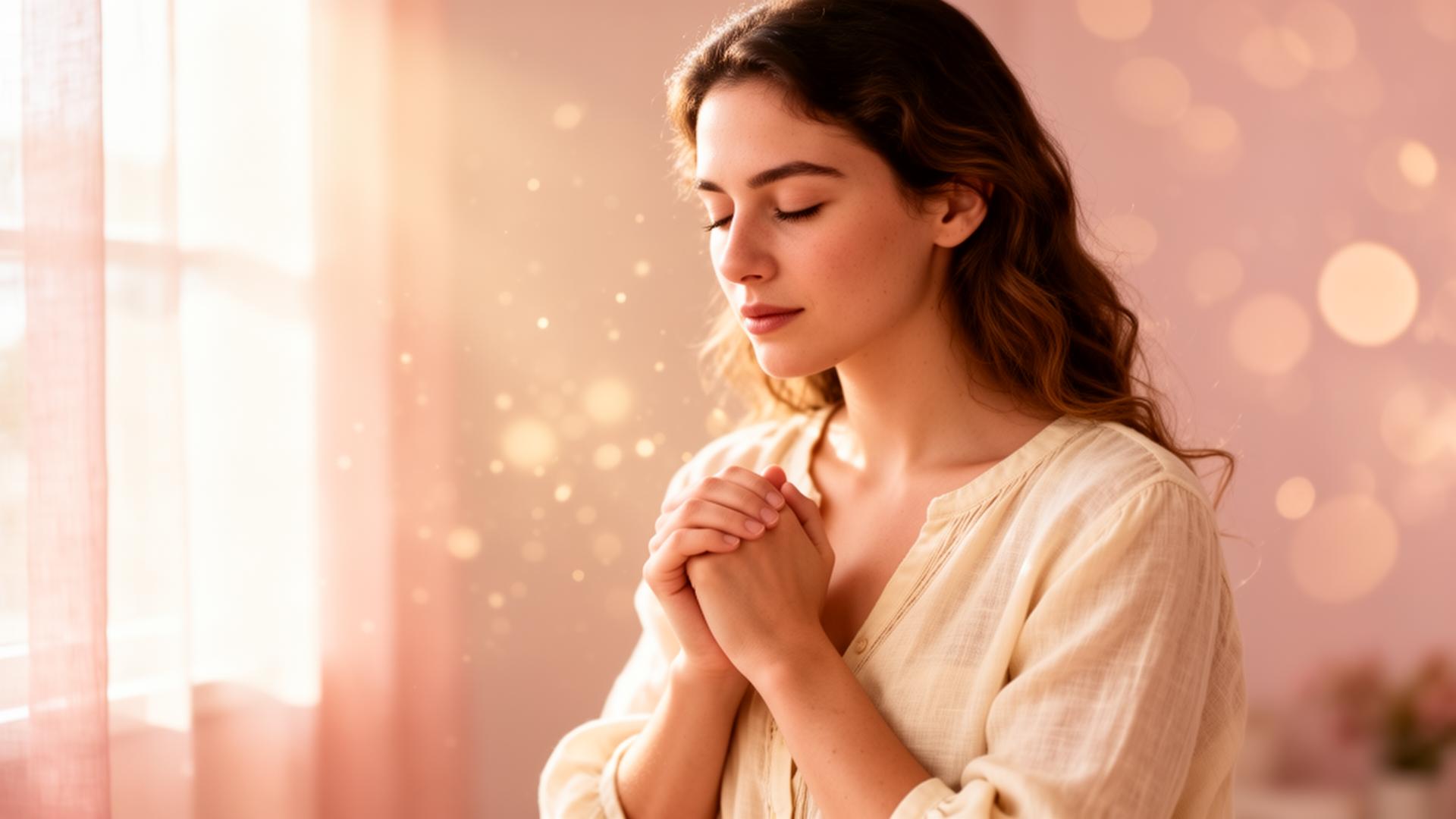 Mulher em oração ao amanhecer